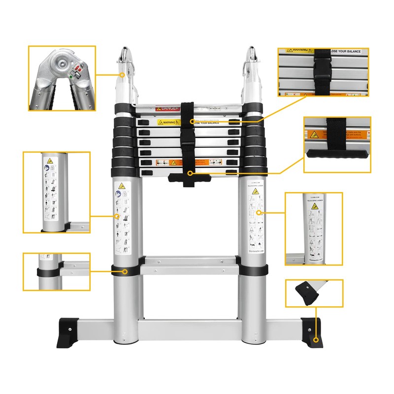 12.5FT A-Frame Extension Ladder Aluminum Telescopic Ladder Portable Collapsible Ladder