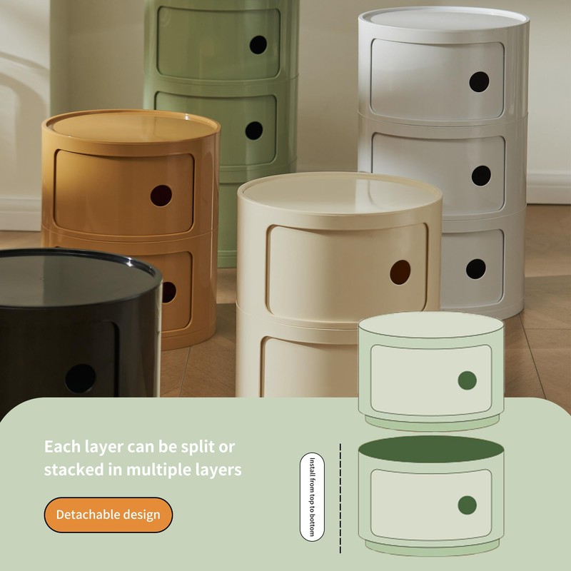 supsoftlife Round Nightstand with 3 Drawers, Modern Style Side Table,