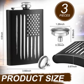Chengu 3 Pcs American Flag Hip Flask for Liquor for Men Women 8 oz Includes Funnel Leak Proof Stainless Steel Black Pocket Hip Flask Gift Idea for Veterans