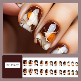 Short Square Press on Nails with Designs Marble Texture Fake Nails Acrylic Glue on Nails Brown False Nails Glossy Full Cover Stick on Nails for Women Artificial Nails 24 Pcs