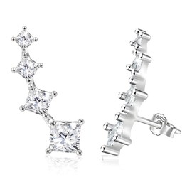 CZ 925 Sterling Silver 14K Gold Plated Cartilage Earrings with Cubic Zirconia Piercing Hypoallergenic Square 4 Crystals Stud Earring for Women (White Gold)