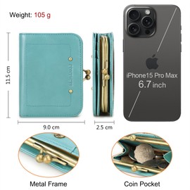 Contacts RFID Wallet for Women Kiss Lock Genuine Leather Compact Purse with Zipper Pocket Vintage Credit Card Holder Small Clutch with ID Window Sky Blue S, blue, Classic
