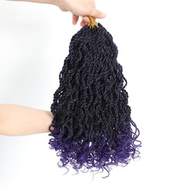 Wavy Senegalese Twist Crochet Hair For Black Women 12 Inch 10 Packs Senegalese Twist Braiding Hair Crochet Twists Pre Looped Twist Crochet Hair Curly Crochet Twist Hair With Curly Ends(1B/PURPLE)