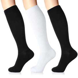 LIN PERFORMANCE Compression Socks for Women and Men 3 Pairs 8-15 mmHg Cotton Knee High Support Socks for Travel Nurses Running Pregnant (2Black1White,9-11)