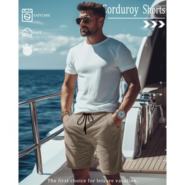 Huukeay 2 Pack Men's Casual Corduroy Shorts with Pockets Drawstring Elastic Waist Summer Lightweight Beach(Khaki, Black,Large)