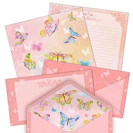 Anzon Mories Juego de papelería de 72 piezas (48 hojas de papel y 24 sobres) de 8.5 x 11 pulgadas, letras gruesas de acuarela rosa para niñas, papel e