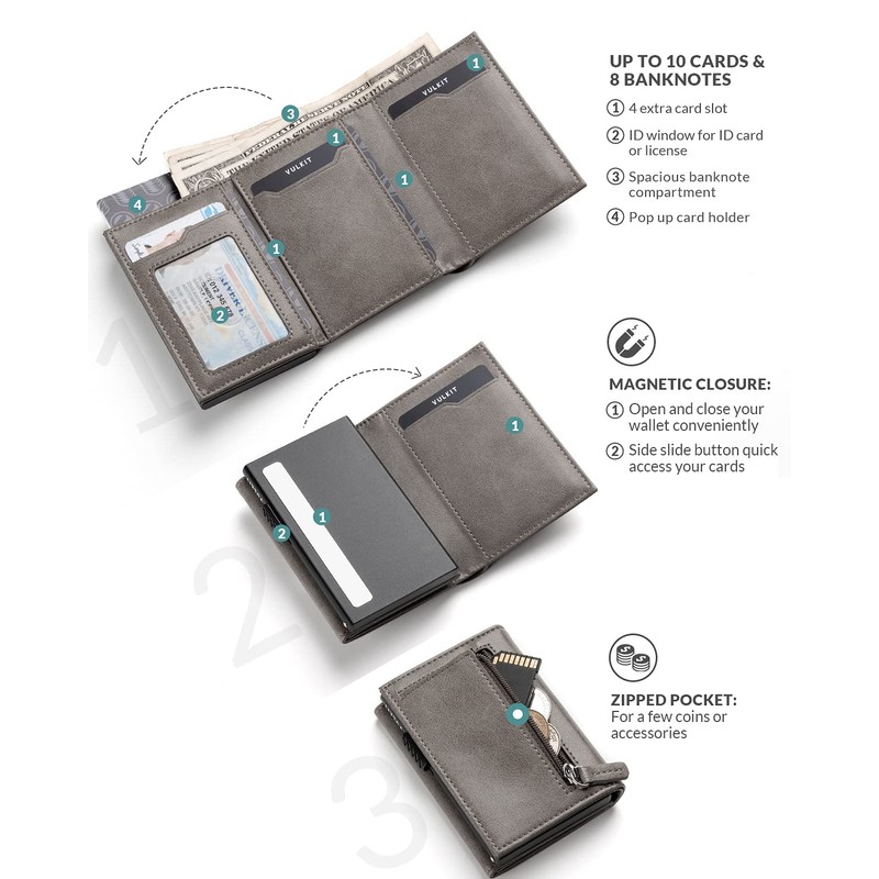 VULKIT Tarjetero de cuero con bolsillo de moneda cierre del