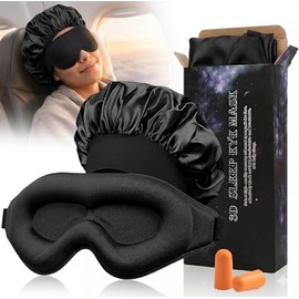 Kit de Sueño Profundo, Antifaz para Dormir 3D 100% Oscuridad + Gorro de Dormir Antifrizz + Tapones, Máscara Ergonómica y Gorro de Seda para Cabello Rizado, Ideal para Viajes, Avión y Meditación