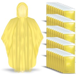 Better Office Products Disposable Yellow Rain Ponchos with Hood for Adults, Emergency Ponchos Family Pack, Lightweight, Non-Toxic PE Plastic (50 Pack, Polyethylene (PE))