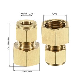 sourcing map sourcing map Compression Tube Fitting G1/2 Female Thread x 10mm Tube OD Straight Coupling Adapter Brass