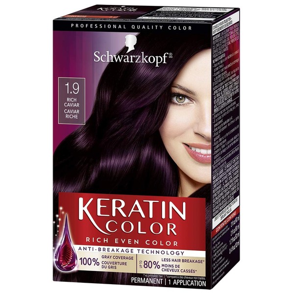 Schwarzkopf Keratin Color Permanent Hair Color Cream, 1.9 Rich Caviar(Packaging May Vary), Pack of 1