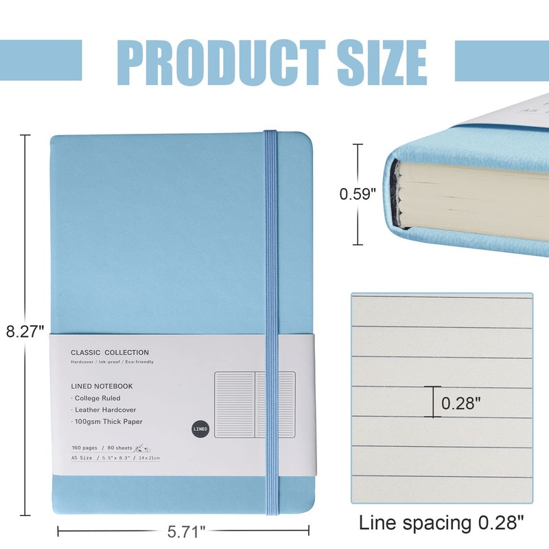 EMOMAS Lined Journal Notebook, (sky blue), 160 Pages, Medium 5.7