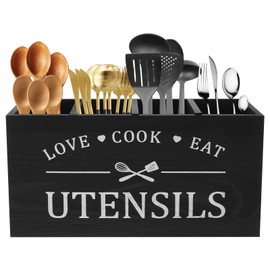 PATNFR Wooden Kitchen Utensil Holder, Farmhouse Wood Utensil Organizer with 4 Compartments and Drainage Bottom Cooking Tools Storage for Countertop (Black)