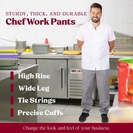 Elite Kitchens Apparel - Professional Chef Work Pants for Men, Polyester Men’s High Waisted Pants, Adjustable Chef Apparel with Deep Pockets, Gray and White Checkered Utility Pants, Large