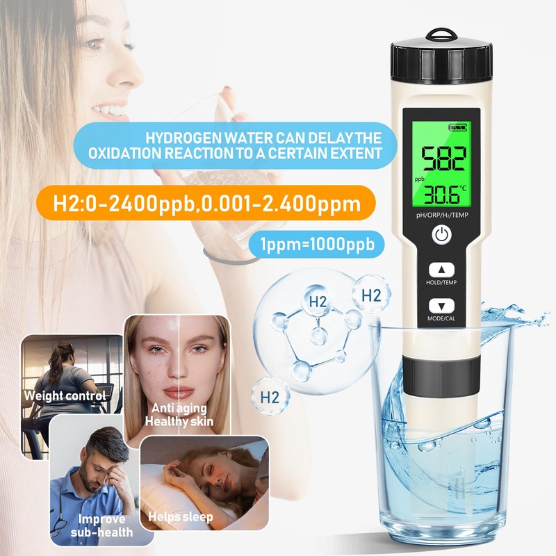 Hydrogen Water Tester 4 in 1 PH,H2,ORP&Temp,pH Meter ORP Meter