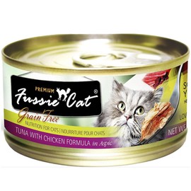 Fussie Cat Premium Grain-Free Canned Wet Food Variety Bundle - 2.8 Oz. - Tuna with Chicken, Tuna with Shrimp, Tuna with Oceanfish, Tuna with Salmon, Tuna with Mussels, and Tuna with Prawns (12 Pack)