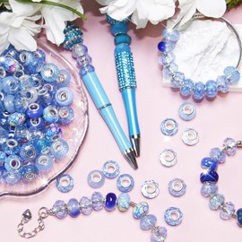 100 Pieces Large Hole Beads, Assorted European Craft Beads Blue Big Hole Fairy Wands Garden Beads Large Hole Lampwork Spacer Beads for DIY Pens Charms Bracelet Necklace Jewelry Making Supplies