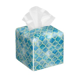 Blue Moroccan Quatrefoil Tissue Box Cover Leather Tissue Box Holder Square Facial Paper Case Organizer Dispenser for Bathroom Vanity Countertop Tabletop Car Office