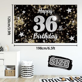 Nelbiirth Happy 36th Birthday Black & Silver Star Large Banner - Cheers to 36 Years Old Birthday Home Wall Photoprop Backdrop, 36th Birthday Party Decoration.