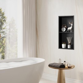 BATHFINESSE Shower Niche 12" X 24" Black, Stainless Steel Wall Niche Double Shelves Recessed Shower Shelf for Bathroom Storage, No Tile Needed Over Mount Installation