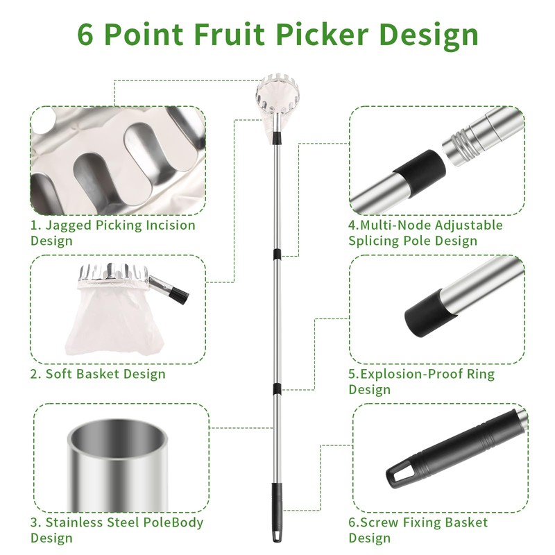HXRYAGi Fruit Picker Pole with Basket Telescoping 13Ft Adjustable Apple
