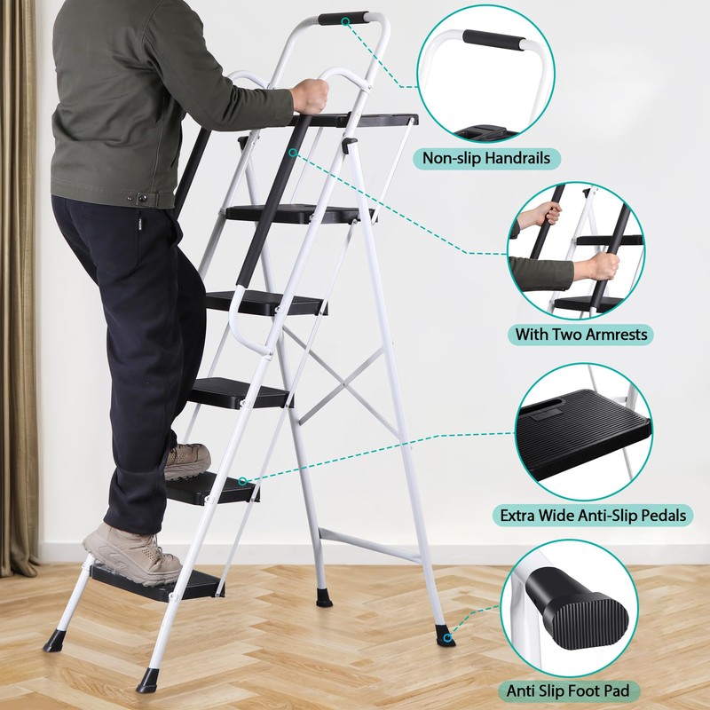 JungleA Step Ladder 5 Step Folding with Tool Tray, Wide