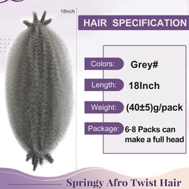 Grey Afro Twist Hair 18Inch Spring Twist Hair For Distressed Soft Locs 3Packs Cuban Twist Hair Synthetic Hair For Black Women(18Inch,Grey#)