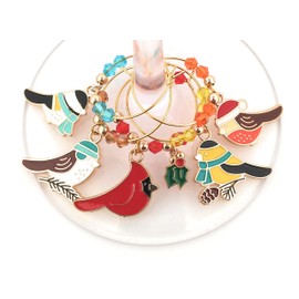 Christmas Wine Charms, Snow Bird Wine Charms, Christmas Glass Tag Identifiers, Christmas Wine Glass Markers, Christmas Party Supply Favors and Gifts - Enamel Bird Wine Charms - 5 wine charm set