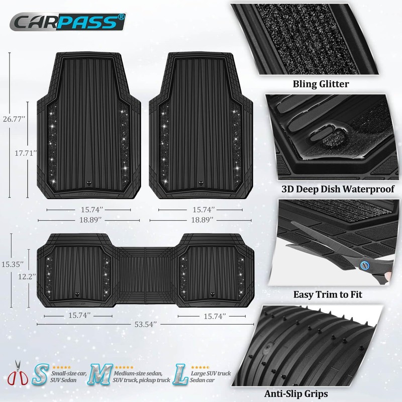 Bling Glitter Car Floor Mats Heavy Rubber Deep Water Proof,
