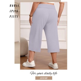 Neer 3 Pack Women's Capris Plus Size Yoga Lounge Pants Wide Leg High Waist Drawstring Cropped Cotton Sweatpants with Pockets(Black, Light Gray, Army Green,XL)