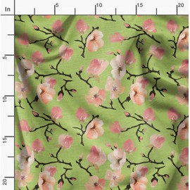 Soimoi Green Rayon Fabric Peach Flower Watercolor Print Fabric by The Meter 42 Inch Wide