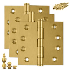 Finsbury Hardware Heavy Duty Door Hinge Matte Brass Ball Bearing 4x4 Inch Heavy Duty with Decorative Screw-on Tips Included - Set of 3 Solid Brass Hinges (Satin Brass)