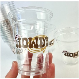 Western Howdy Disposable Party Cups, 12 oz Clear Plastic, Cowboy Design, 24 Count