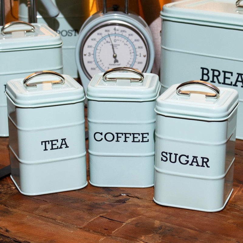 Darthome Retro Blue Tea Coffee Sugar Canisters Vintage Metal Square