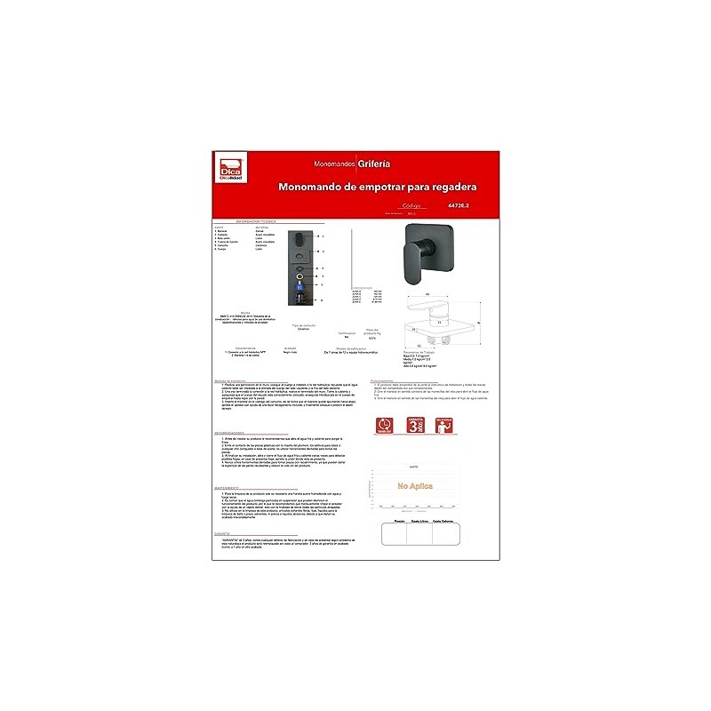 DICA 4472E.2 Llave Monomando para Empotrar para Regadera o Tina,