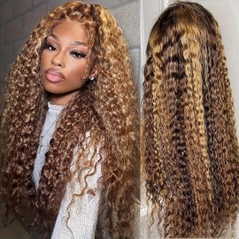 24 Inch Highlight Ombre Lace Front Wig Human Hair 13x6 HD Honey Blonde 4/27 Deep Wave Lace Front Wigs Human Hair 180% Density Colored Deep Curly Lace Frontal Wigs Human Hair Pre Plucked with Baby Hair