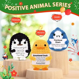 Gifts for Women Men Positive Potato Pickle: 3Pcs Funny Crochet Dolls Christmas Stocking Stuffers Friends Coworkers Roommates College Students Sister with Cheer Up Cards (Shark,Duck,Penguin)