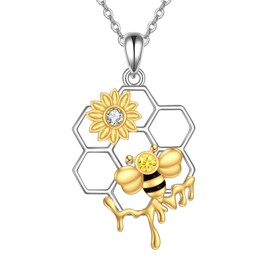 ONEFINITY Bee Necklace 925 Sterling Silver Honeycomb Cute Sunflower Pendant Necklaces Bee Jewelry Gifts For Women