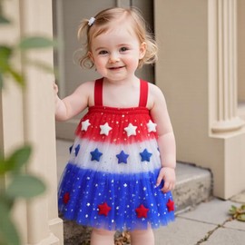 4th of July Toddler Baby Girl Clothes 3D Stars Smocked Dresses Sleeveless Tulle Tutu Dress Independence Day Outfit (Multicolor, 2-3 Years)