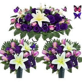 SUHOOKOO Cemetery Flowers with Vases for Grave Decor, Silk Lily Rose Tulip Headstone Flower,Headstone Flower Saddle - Purple/White, Lovely Butterflies Included