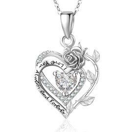 Rose Kette Halskette Silber 925 April Geburtsstein Zirkonia Anhänger Blume Herz Schmuck Geschenke für Damen Frauen