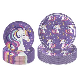 LeZakaa 50Pcs Birthday Paper Plates Sets - Purple Unicorn Design Disposable Party Plates Decorative Tableware Supplies Table Decor Baby Shower for Kids, Girls, Women - 7 Inch & 9 Inch