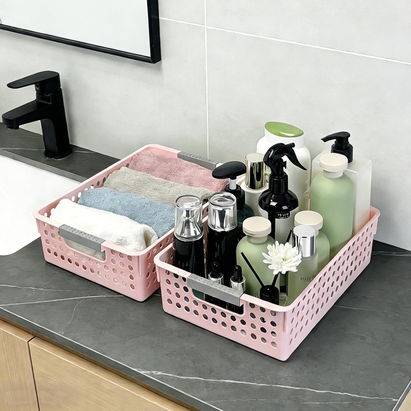 4 Pack Plastic Storage Basket with Handles, Wide Shallow Organizer