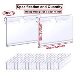 HUAZIZ Pack of 60 Plastic Label Holders, Transparent Price Tag Holder, Plastic Shelf Label Holder, Wire Shelves for Price Labels for Goods Signage (6 cm x 4.2 cm)