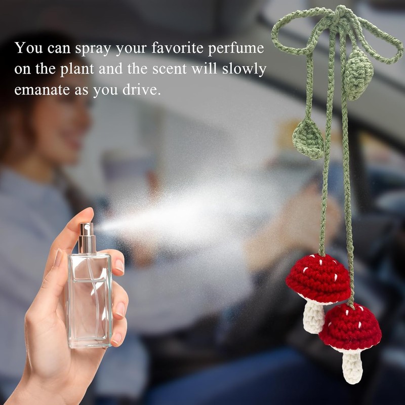 2 PCS Crochet Mushroom Car Charm, Handmade Crocheted Simulated Mushroom