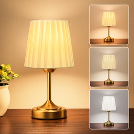 JACKYLED Portables Cordless Table Lamp, 3 Color Light Fabric Shade Vintage Gold Desk Lamp, 5400mAh LED Rechargeable Table Lamp, Dimmable Light for Dining Room, Bedroom Bedside, Entryway Decor, 1 Pack