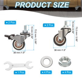 PATIKIL 1.5 Inch Stem Casters Wheel with Brake, 4Pcs (2 with Brake) Low Profile TPR Threaded Swivel Wheel 360° Quiet Rotation M8x15 mm Total Load 165 Lbs for Rolling Cart Furniture, Brown