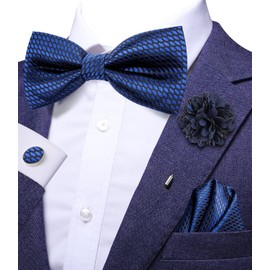 Hi-Tie Pretied Bowtie Lapel Pin Set for Men Pocket Square Cufflinks 4PCS Bow Tie Set Mens Wedding Business Party, Navy