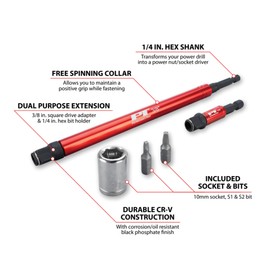 Performance Tool W9033 5 pc. 3/8-in Drive Socket Adapter Set, Power Nut/Socket Driver: 8-in and 2.5-in adapters, 10 mm, S1 and S2 1-in and 1/4-in Sockets, Chrome Vanadium Steel, Red/Silver