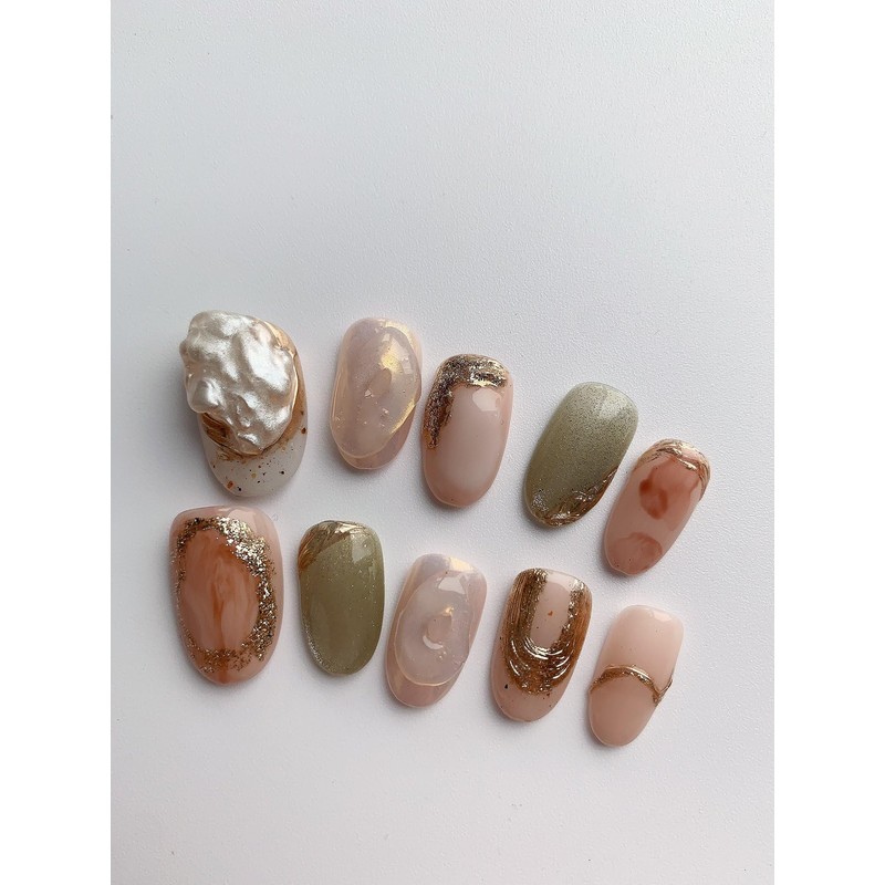 Nail Tips Handmade 10 Pieces Oval Long Japanese Style 3D